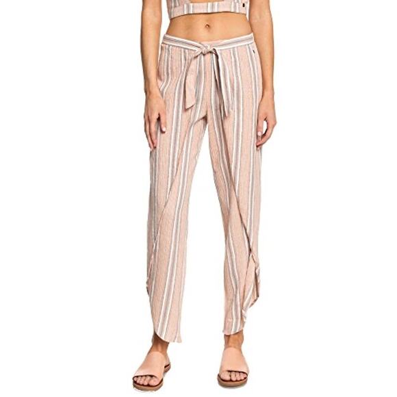Roxy Pink Beige Striped Tie Waist Coverup Beachy Resort Vacation Pants - Small - Picture 1 of 7